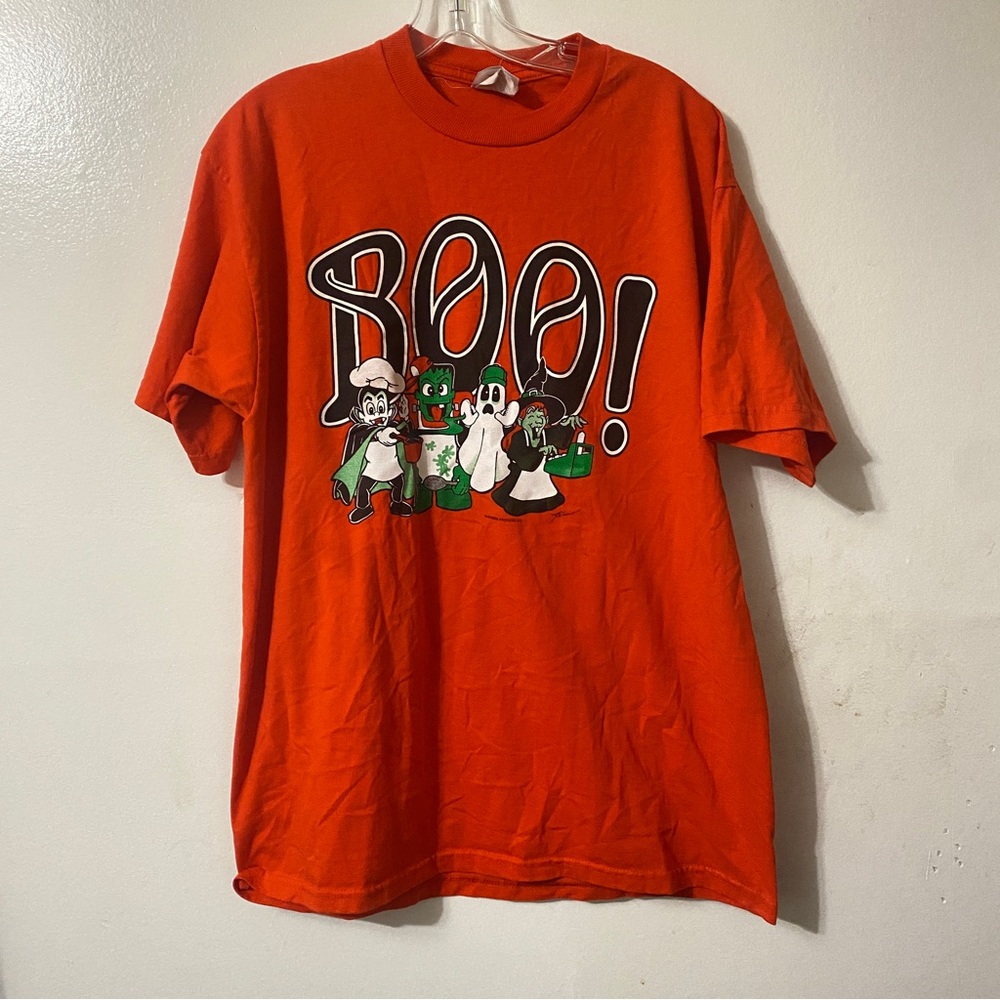 Vintage Orange BOO! Halloween Tee M Cartoon Ghost Frankenstein Witch Vam…